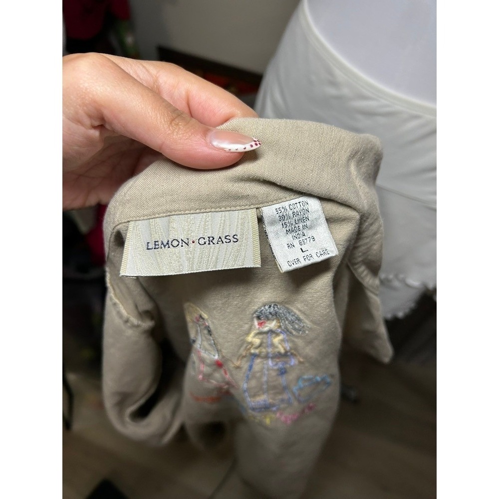 Lemon Grass Embroidery Khaki Button Up Shirt Women "Shop Til You Drop" - Picture 6 of 6